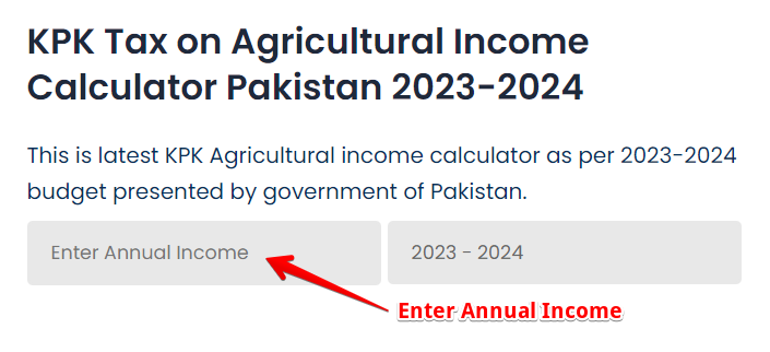 Enter Annual Income on Agricultural Tax Income Calculator KPK