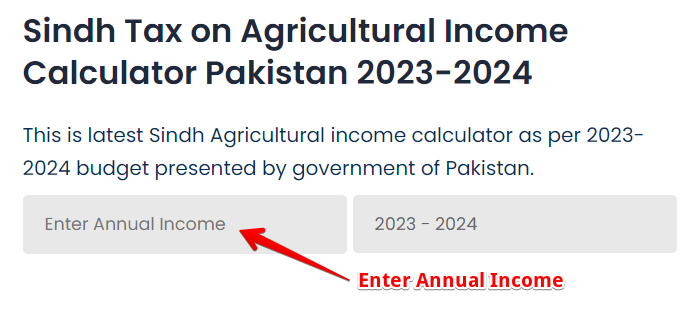 Enter Annual Income on Sindh tax agricultural income calculator Pakistan