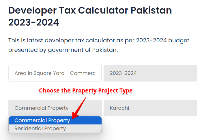 Select Location from Pakistan Builder tax calculator