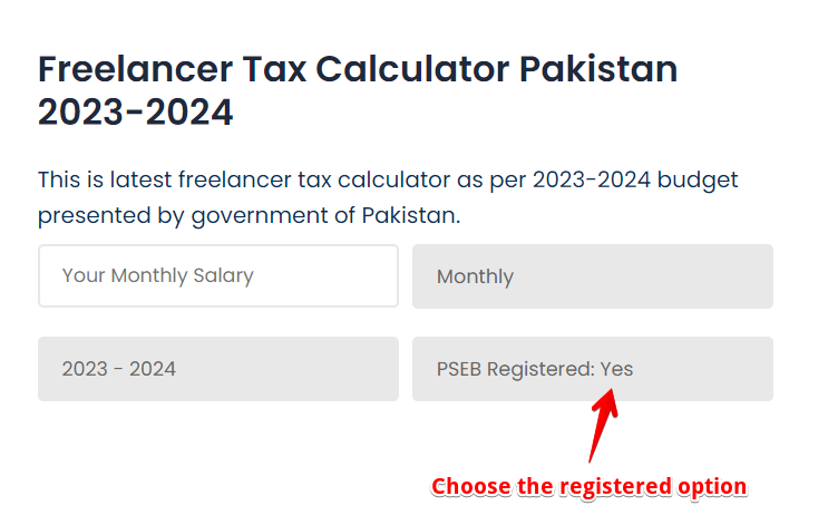 Choose registered option in Freelancer Tax Calculator