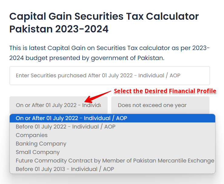 Select Desired Financial Range of Capital Gain Securities Tax Calculator