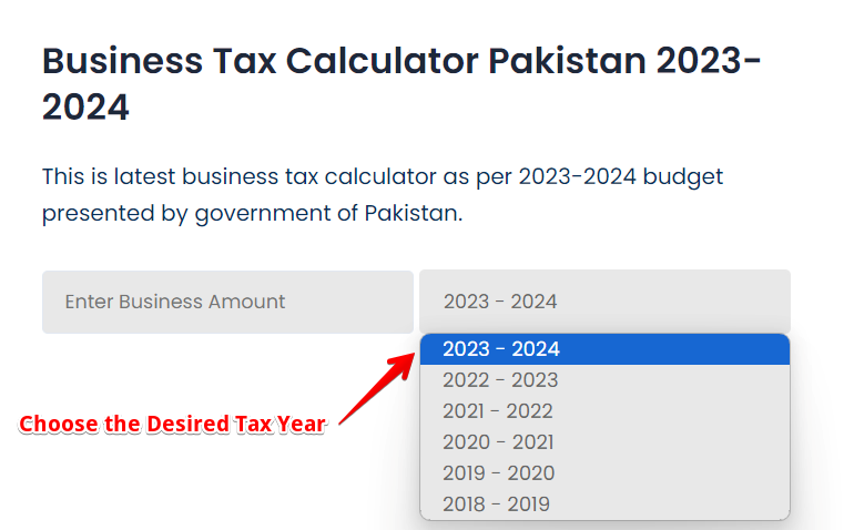 Choose the desired Year in Business Tax Calculator